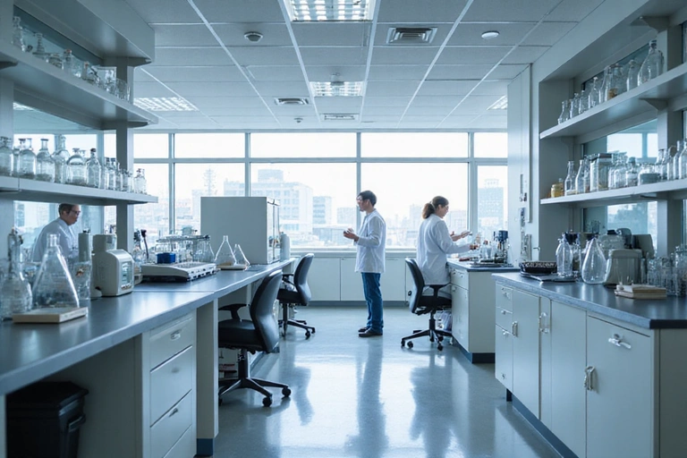 Interiorul unui laborator curat și modern, cu echipamente de testare și profesioniști în halate albe, fără text vizibil pe echipamente.