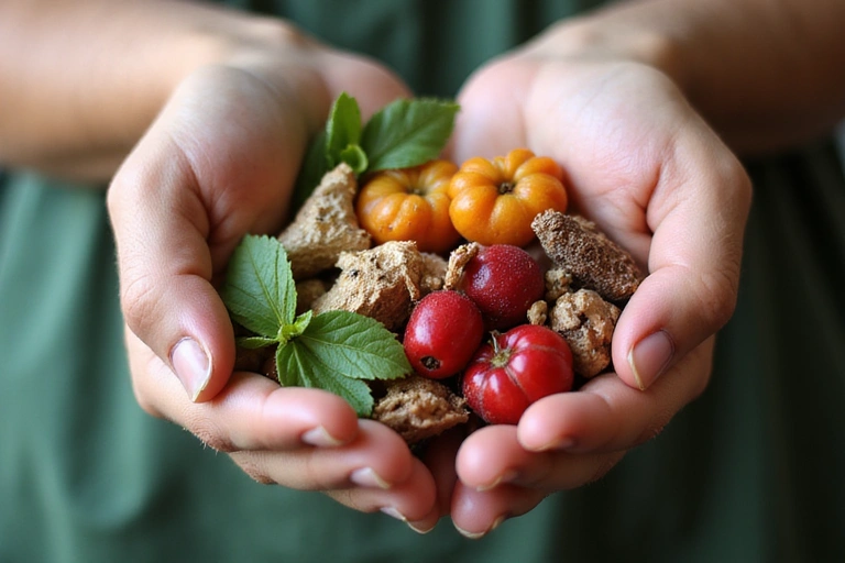 Mâini ținând ingrediente naturale proaspete, simbolizând angajamentul EnergiaNatural față de puritatea și originea naturală a produselor.