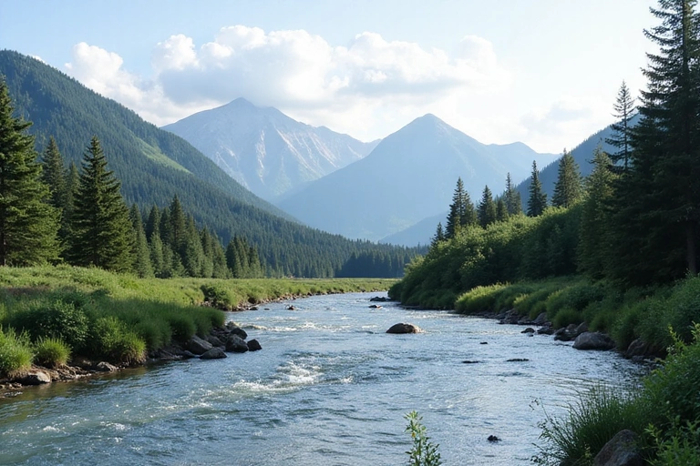 Un peisaj montan senin cu un râu limpede și păduri verzi, simbolizând armonia naturii și o stare de bine.