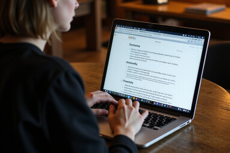 O persoană citind termeni și condiții pe un laptop, cu o lumină caldă, reprezentând claritate și acord.