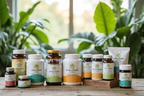 Diverse suplimente EnergiaNatural aranjate estetic pe o masă de lemn, cu plante verzi în fundal.
